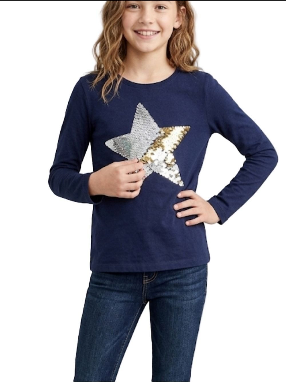 Crewcuts Girls Navy Long Sleeve Sequin Star Graphic Tee - Size 12 Cotton